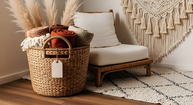 Earthy Tones and Natural Textures Define this Cozy Bohemian Living Space with a Wicker Basket, Chair, and Macrame Decor - Powered by Adobe