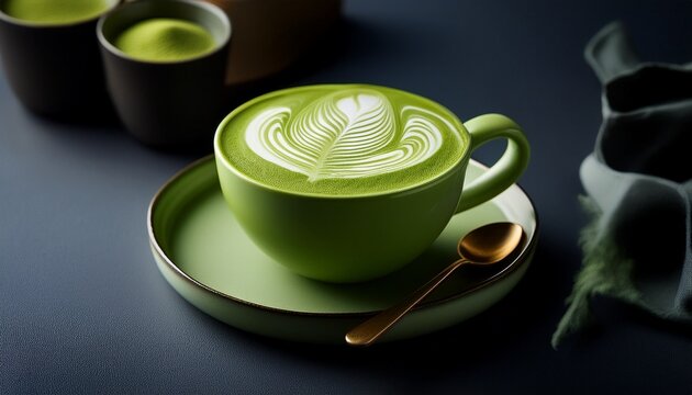 a frothy matcha tea latte topped with delicate swirls