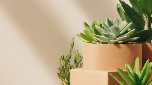Succulent plants and foliage on cardboard boxes, new house relocation day, home moving and moving office concept. - Powered by Adobe
