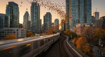 Fototapeta premium Autumn Train Journey Through Urban Skyline at Sunset