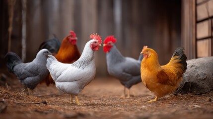 Fototapeta premium Colorful Chickens in Farmyard Setting, Engaging in Natural Behavior Among Straw and Dirt