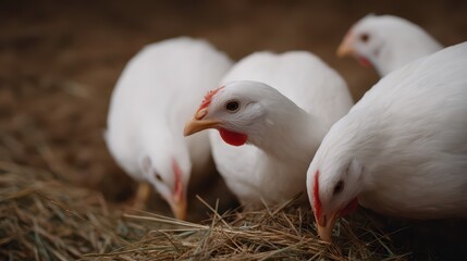 White Chickens foraging on dry straw in a rustic farm setting featuring natural animal behavior