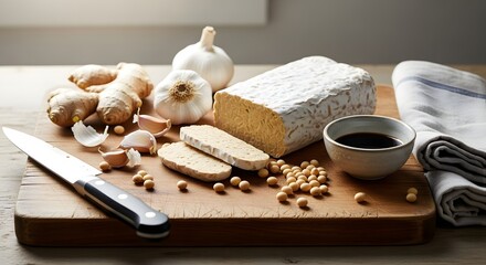 A wooden cutting board displays various ingredients, including tempeh, garlic, ginger, and soy sauce.