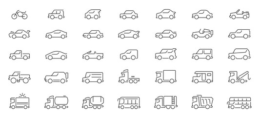 Car vector icons in line style. Thin line icons related to vehicles and cars. Car shapes. Sedan, coupe, hatchback, SUV, convertible, station wagon, minivan, pickup truck, roadster