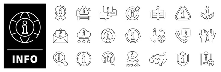 Info vector icons in line style. Information thin line icons set. Info outline icons