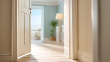 Fototapeta premium Tranquil Interior View of an Open Door Leading to a Bright and Airy Room with Soft Lighting