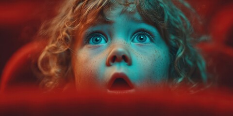Curly haired child captivated by colorful lights in a dark theater during a film screening