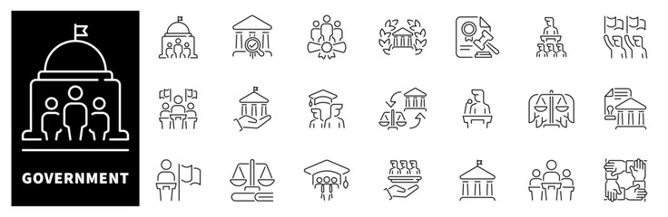 Government vector icons in line style. Government related icons set.
