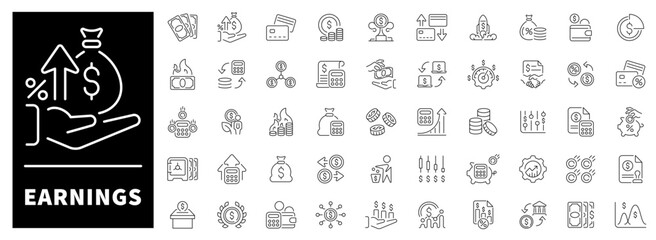 Earnings vector icons in line style. Earnings icons set. Earnings, revenue and profit outline icons set
