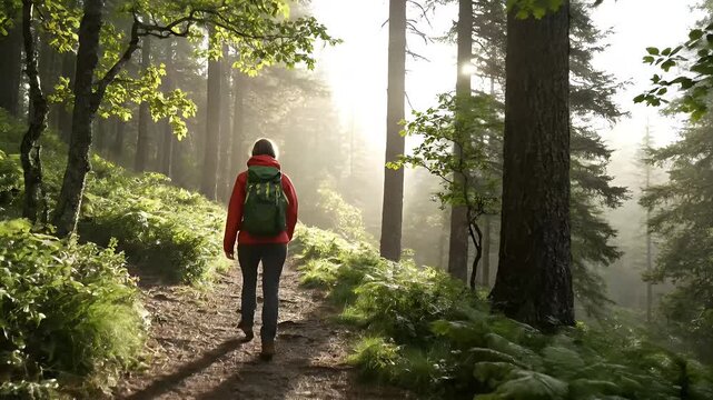 Wide tracking through a misty mountain forest as a hiker moves steadily along the trail, breathing fresh air and building resilient stamina