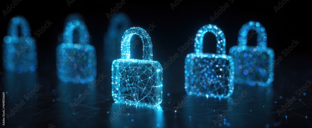Poster the glowing digital padlocks representing cybersecurity, data protection and secure network connecti