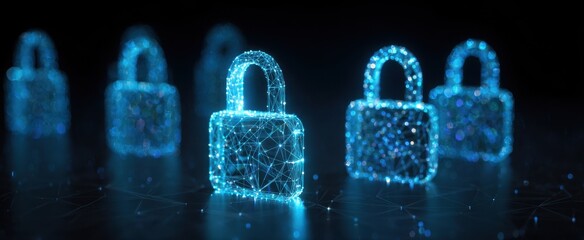 The glowing digital padlocks representing cybersecurity, data protection and secure network connections