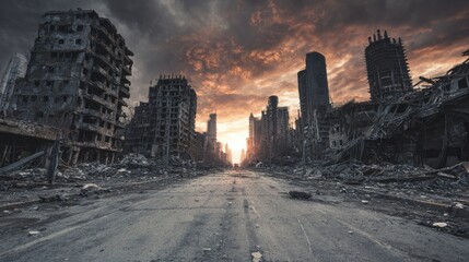 Stunning photo of empty street of burnt up city. Apocalyptic view of city downtown as disaster film poster concept. City destroyed by war.