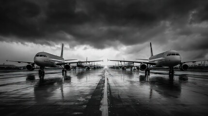 Obraz premium Airplanes lined up on a wet tarmac under a dramatic, stormy sky, black and white