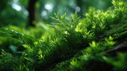 Lush Green Moss and Forest Undergrowth: A Detailed Macro Shot