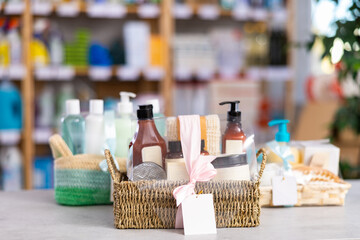 Gift set of body care products, shower gel, soap and shampoos on the counter in the supermarket