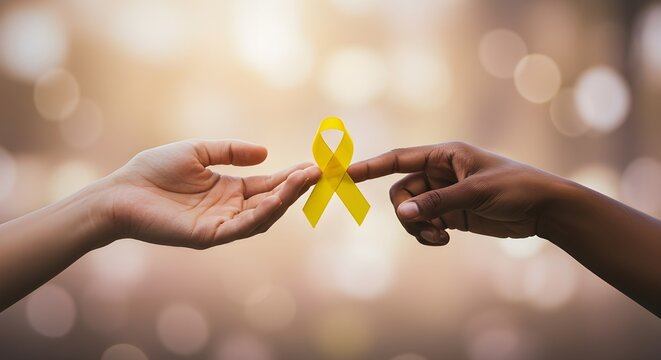 M&atilde;os se encontrando com um la&ccedil;o amarelo no centro, em fundo desfocado de luzes suaves, representando conex&atilde;o e apoio