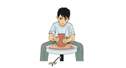 Vector Illustration of a Boy Making Pottery Art Handcrafted Clay Vase Minimalist Style Art Craft Education