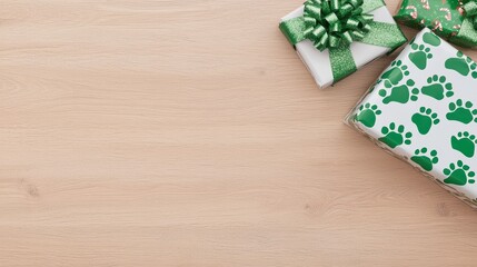 Fototapeta premium Festive Gift Boxes with Green Bow and Paw Print Wrapping on Light Wooden Surface