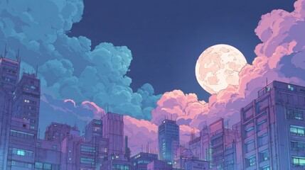 Stunning photo of night cityscape illustration in a neo-crisp anime style, featuring neon flat colors with a big moon and clouds hovering over skyscrapers.