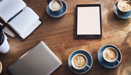 coworking space meeting coffee cups and digital tablets on shared table