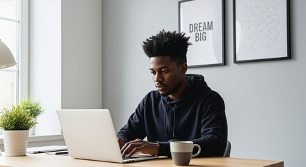 Focused young man in a black hoodie working on his laptop in a bright office setting.