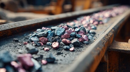 Stunning photo of industrial processing of rare earth elements. Precious metals extracted from ore. Material on conveyor belt. Mining industry. Extraction process. Sustainable.