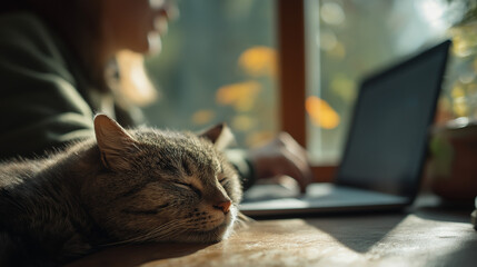 A sleeping cat rests near a laptop as someone works at home, basking in the sunlight.