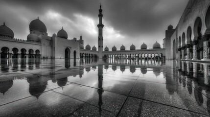Monochromatic reflection of a grand mosque courtyard, showcasing its architecture and intricate details, under a dramatic, cloudy sky.  The wet ground creates a near-perfect mirror image