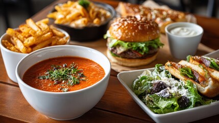 Stunning photo of fast food items, including tomato soup, sauce, hamburger, fries, pasta, sandwich, and Caesar salad, are served on a wooden table in a cafe. The restaurant.