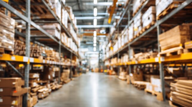 Stunning photo of warehouse industry blur background with logistic wholesale storehouse, blurry industrial silo interior aisle for furniture merchandise inventory and wood.