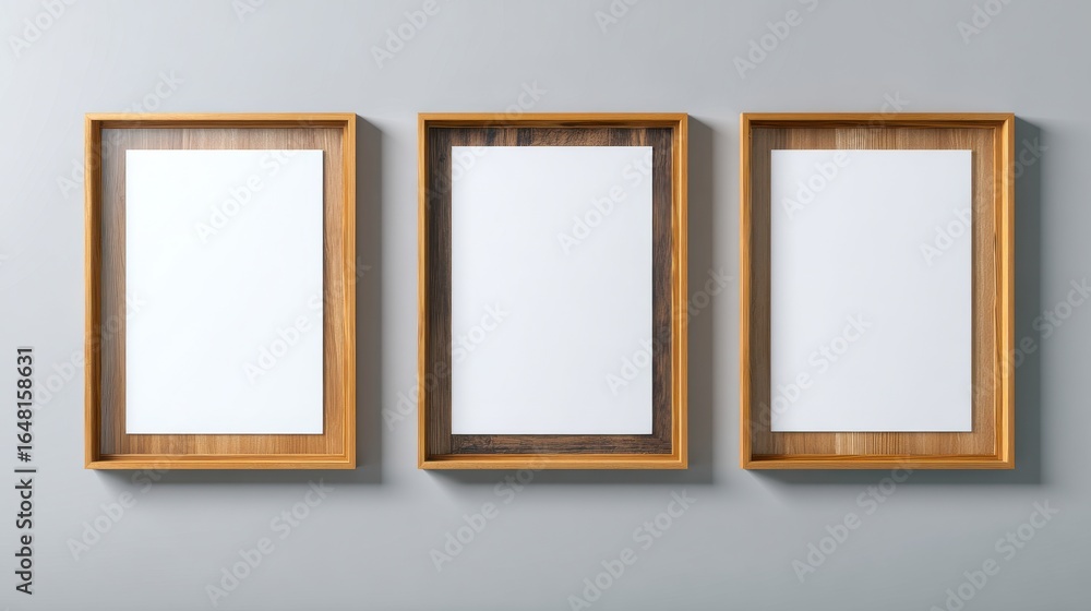 Poster stunning photo of three frames on wall mockup blank poster. wooden frames mock up empty print backgr