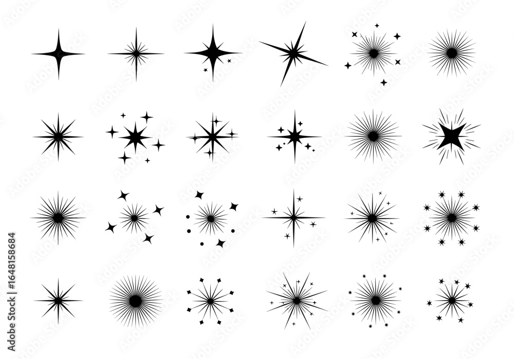 Poster various unique starburst designs featuring different shapes and sizes on a clean white background