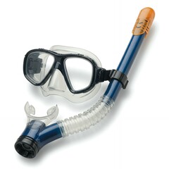 Professional diving mask and snorkel set with blue tube and orange cap isolated on white background for underwater swimming equipment catalog