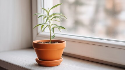 Fototapeta premium Small Green Plant in Terracotta Pot on Windowsill with Natural Light and Soft Background