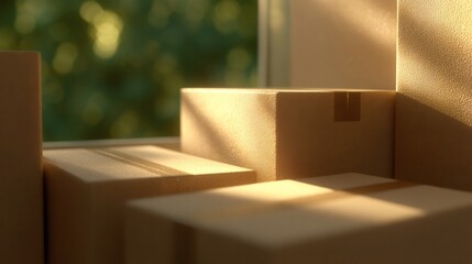 Cardboard moving boxes with packing tape are illuminated by sunlight, symbolizing relocation to a new house. Storage and delivery.