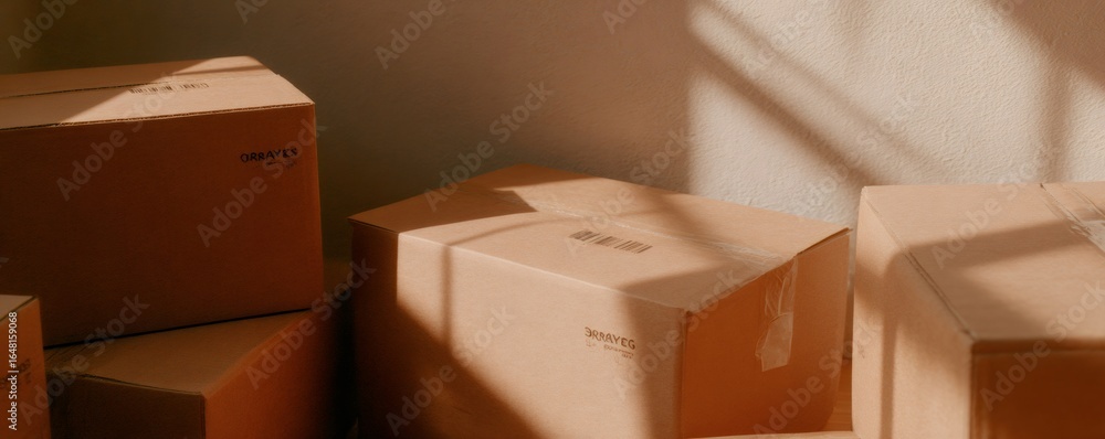Poster many cardboard boxes, ready for shipping or moving house. empty room with natural light and window s