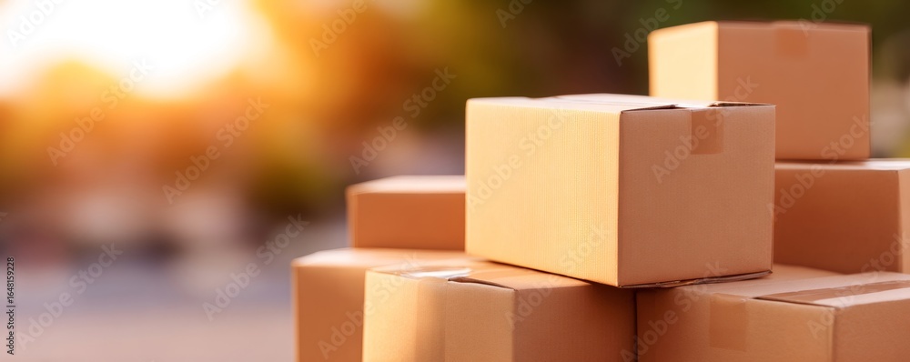 Poster stack of cardboard boxes for moving home. relocation and delivery service concept to a new house or 