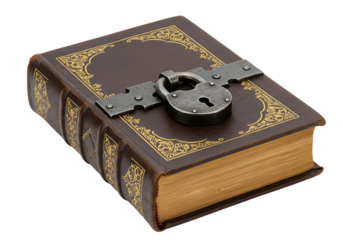 Antique leather-bound book with ornate gold embossing secured by a vintage metal lock