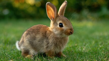 Fototapeta premium Brown wild rabbit sits on lush green grass, bokeh background providing shallow depth