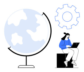 Woman typing on laptop beside a globe and gear, symbolizing global collaboration, education, innovation, teamwork, remote work, technology development, and problem-solving. Clean flat metaphor