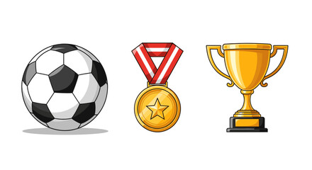 A soccer ball medal and trophy isolated on a white background