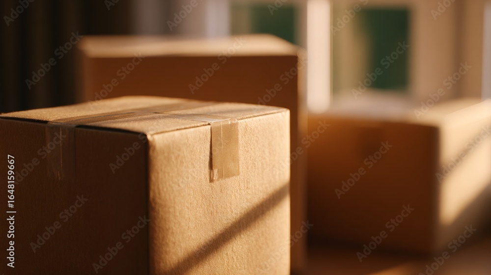 Poster close up of several cardboard boxes ready for a move, with soft window light. concept of moving to a