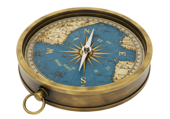 Antique navigational compass with detailed map background and brass casing design