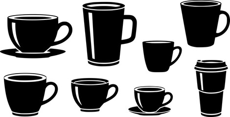 A collection of black and white teacups and coffee mugs illustrations