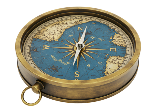 Antique navigational compass with detailed map background and brass casing design