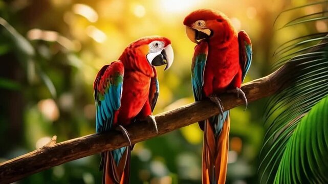 Two vibrant scarlet macaws perched on a branch in a lush tropical setting basking in the sunlight bird video