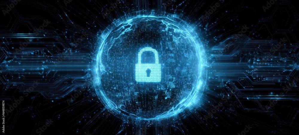 Poster the digital padlock encased in a glowing cyber sphere representing data security