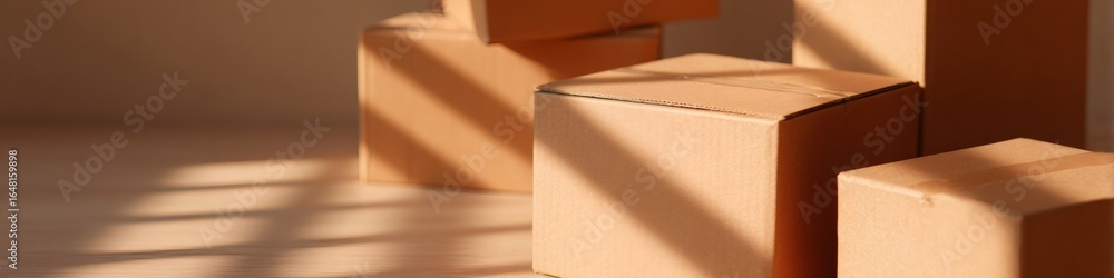 Poster stack of cardboard boxes. moving day concept. empty room ready for new home. relocation and delivery