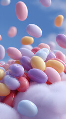 Vibrant pastel jelly beans cascade against a clear blue sky, creating a whimsical scene.
